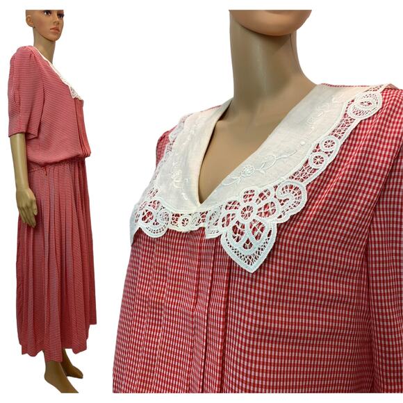 80s 90s Red & White Gingham Midi Dress | Pleated Skirt | Irish Linen Collar - Picture 7 of 10
